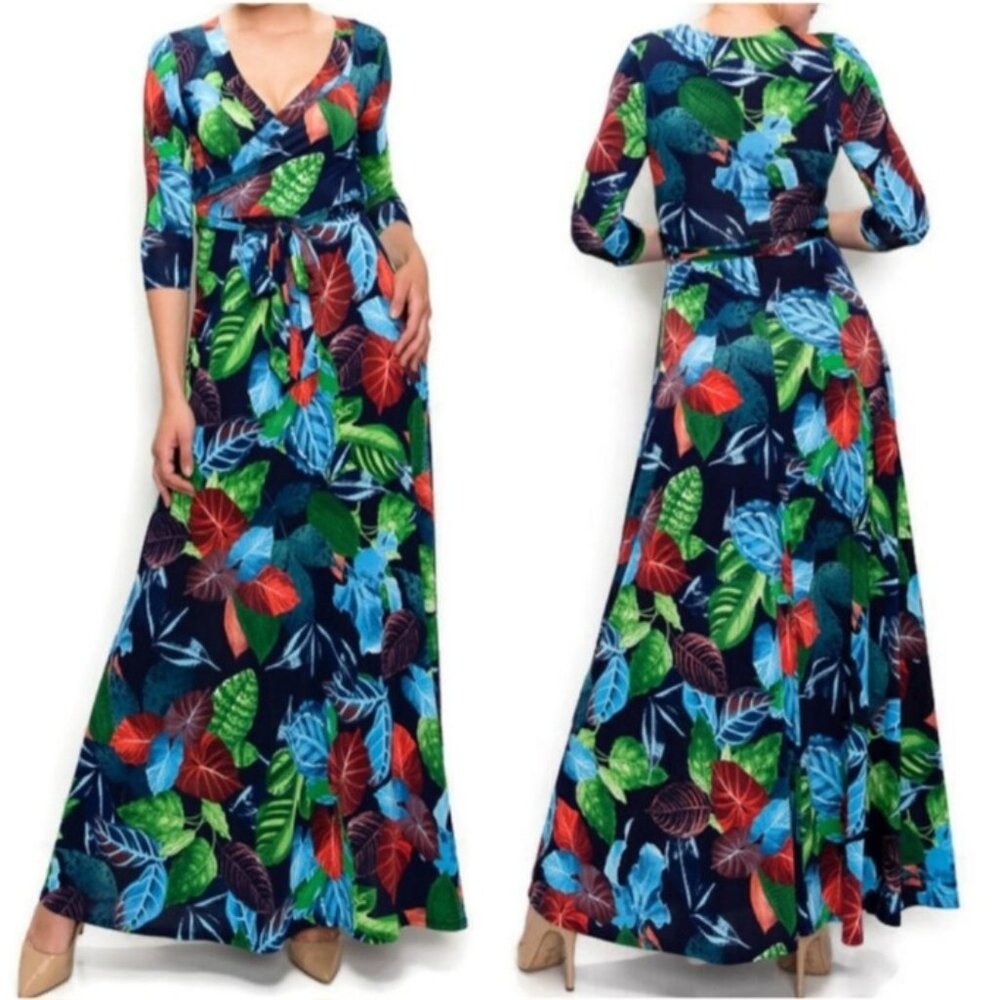 Janette Fashion Autumn Ice Floral Faux Wrap Maxi Dress